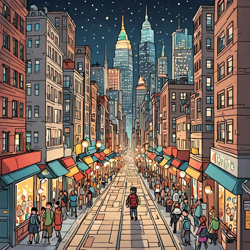 a city street with people walking around and shops on the sides of it at night time with a lot of lights on, underground comix, a comic book panel, Dan Mumford, josan gonzales and dan mumford