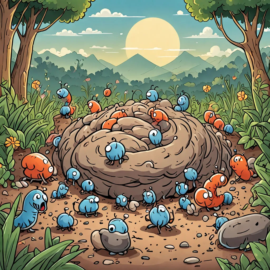 a group of blue and orange bugs in a forest with a sun in the background and trees and bushes, sots art, a storybook illustration, Chris LaBrooy, 2 d game art