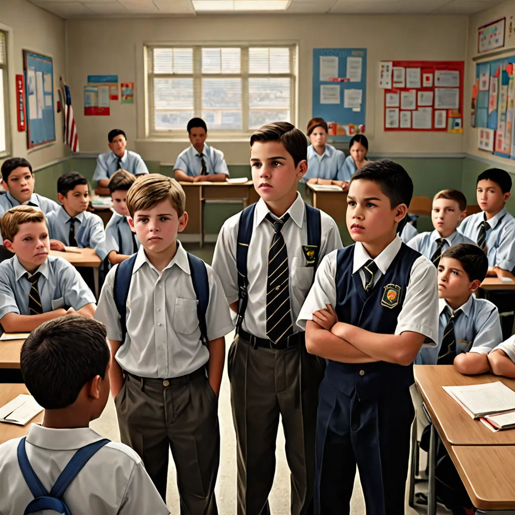 a group of young boys standing in a classroom next to each other with their arms crossed and looking at the camera, quito school, a renaissance painting, F Scott Hess, promotional image