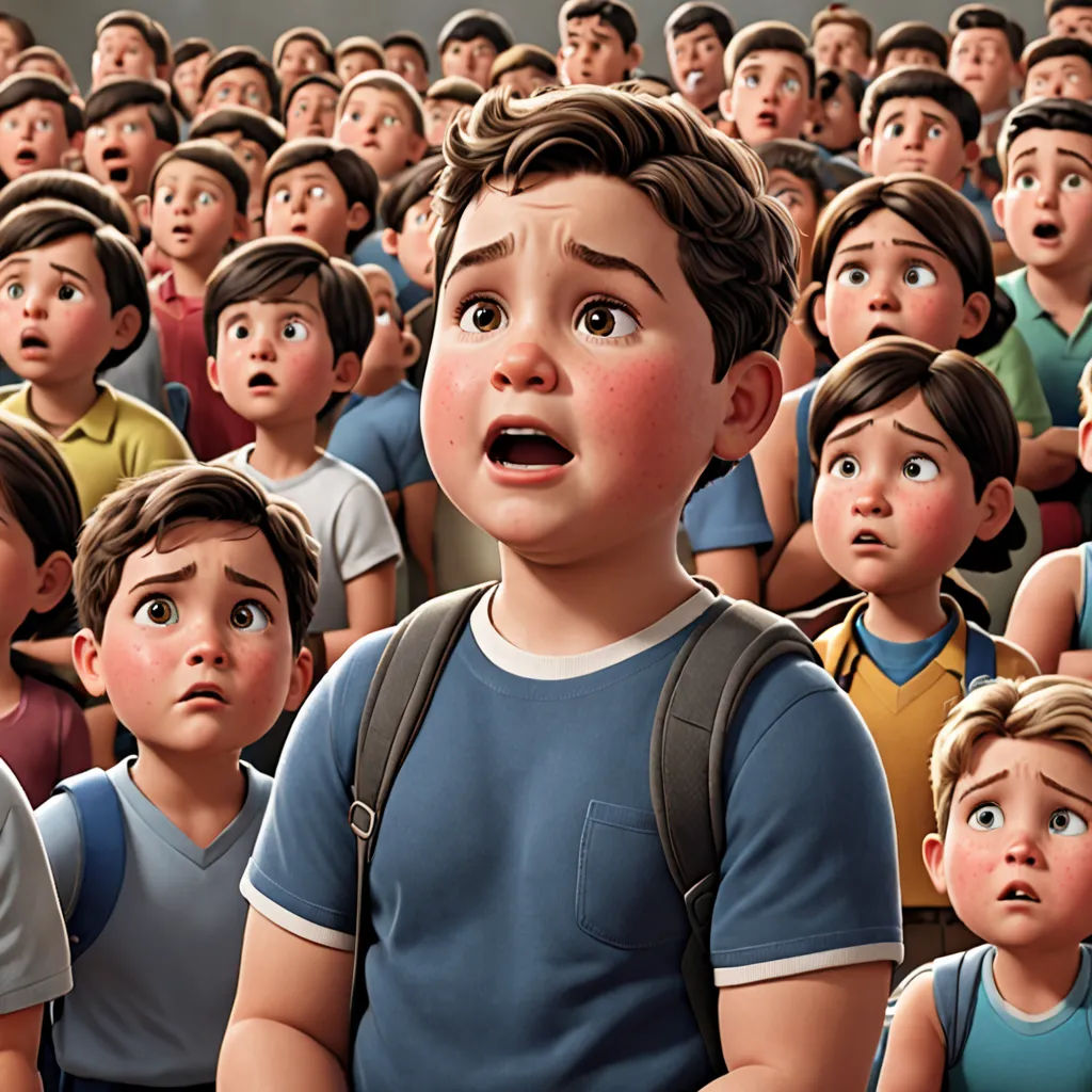 a group of children standing in a crowd of people with their mouths open and eyes wide open, with a surprised look on their face, photorealism, poster art, Eddie Mendoza, pixar and disney animation