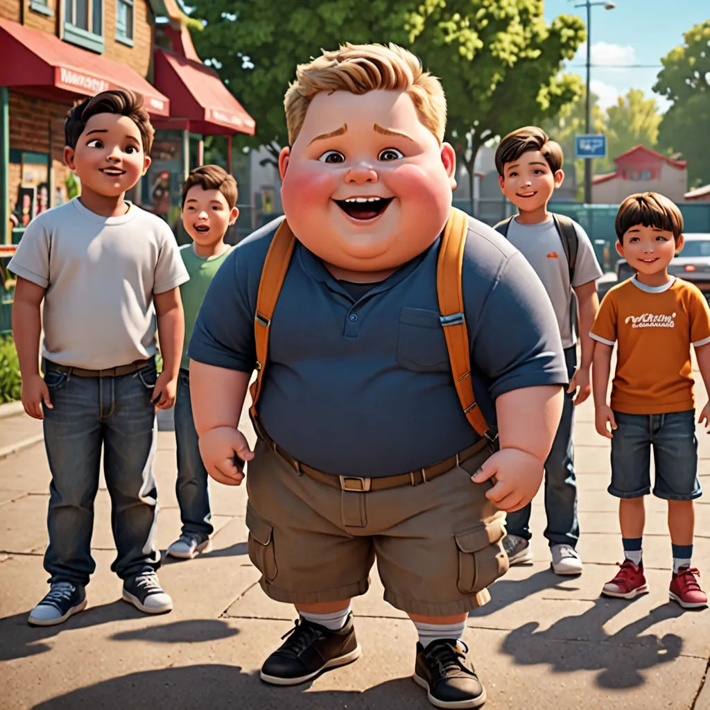 a group of children standing around a large cartoon character in the middle of a street with a man in a blue shirt, american realism, concept art, Adam Rex, cgstudio