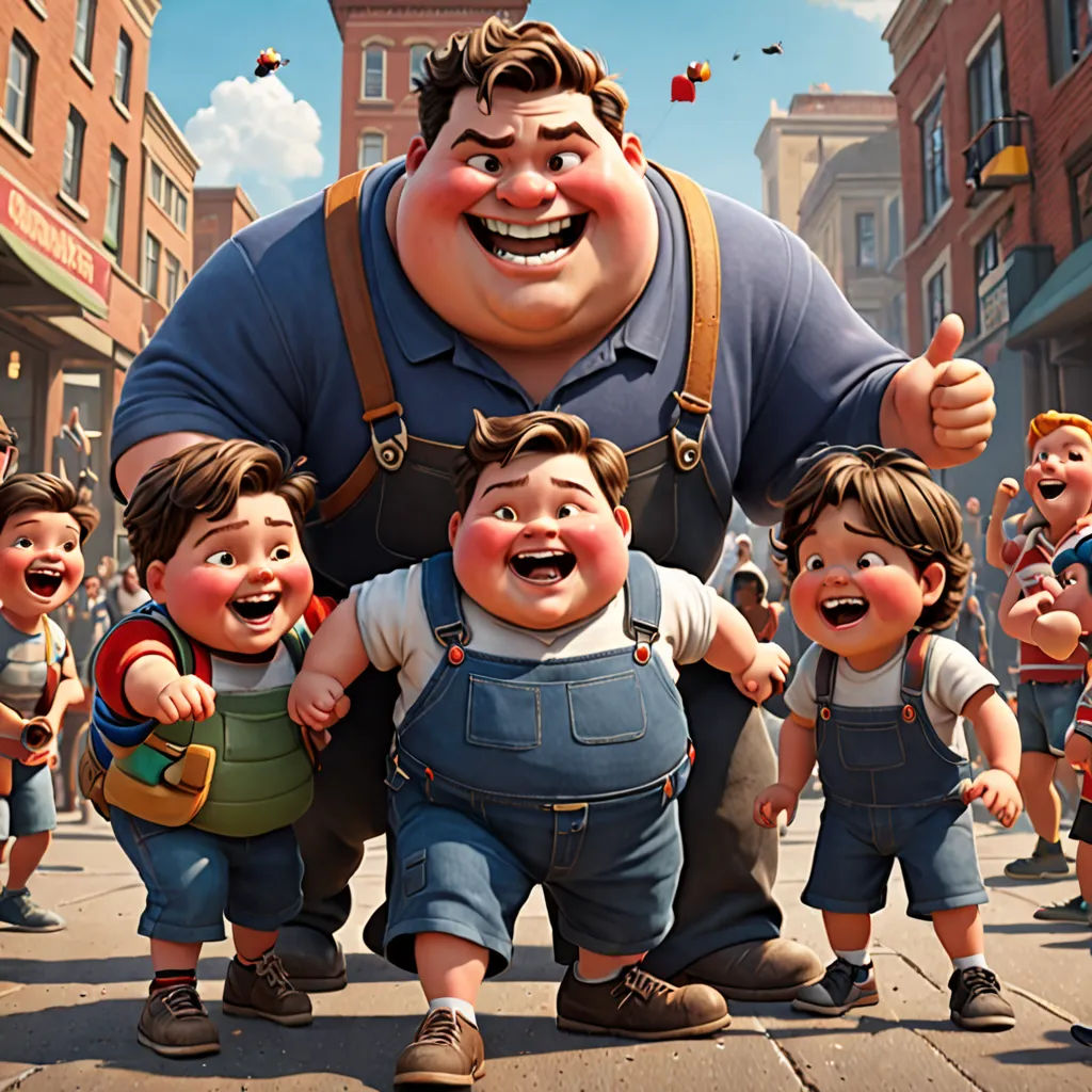 a cartoon character with many children on a street with buildings in the background and a man with a backpack on, lowbrow, poster art, Eddie Mendoza, animated