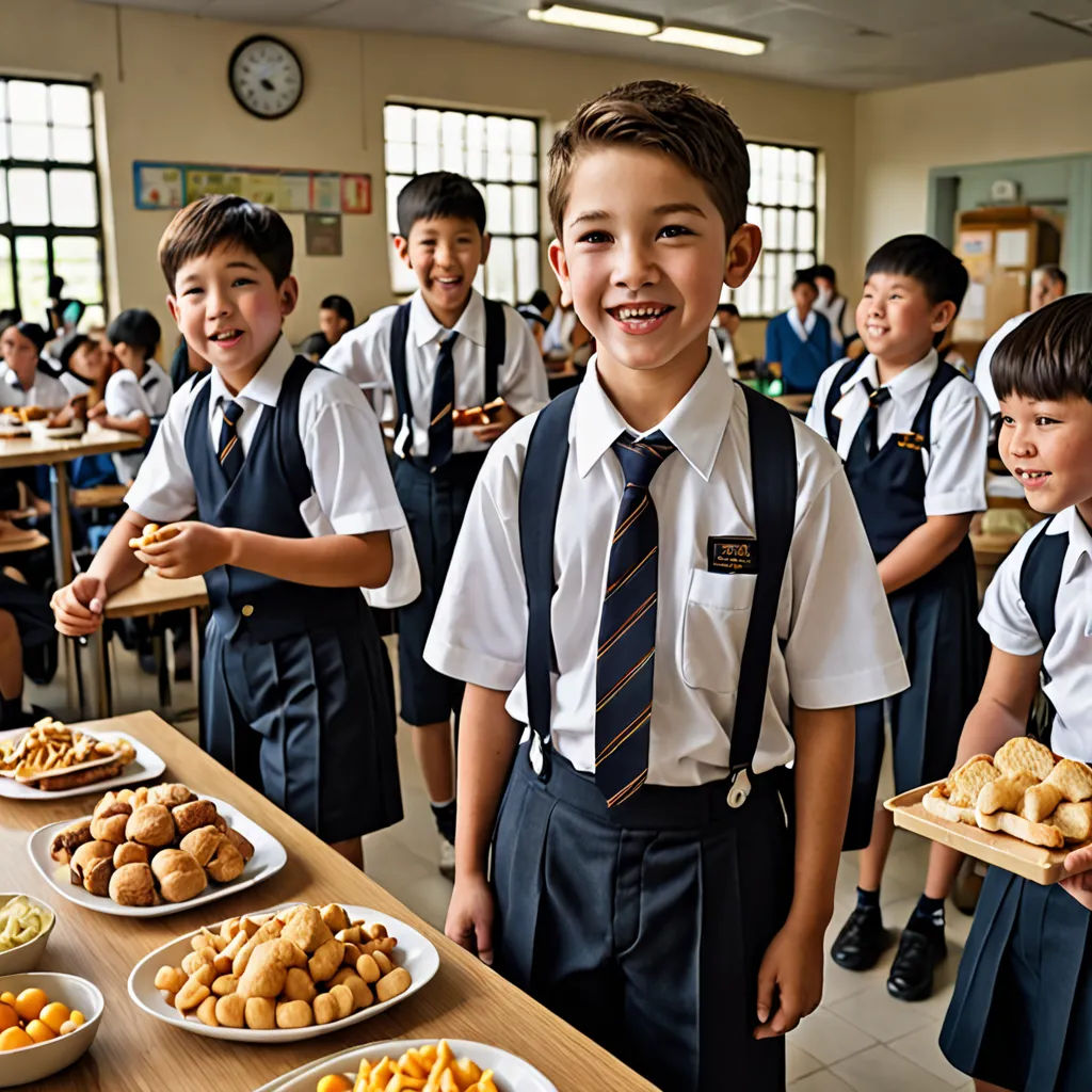 a group of children standing in front of a table filled with food and smiling at the camera with other children, quito school, a stock photo, Byeon Sang-byeok, food photography