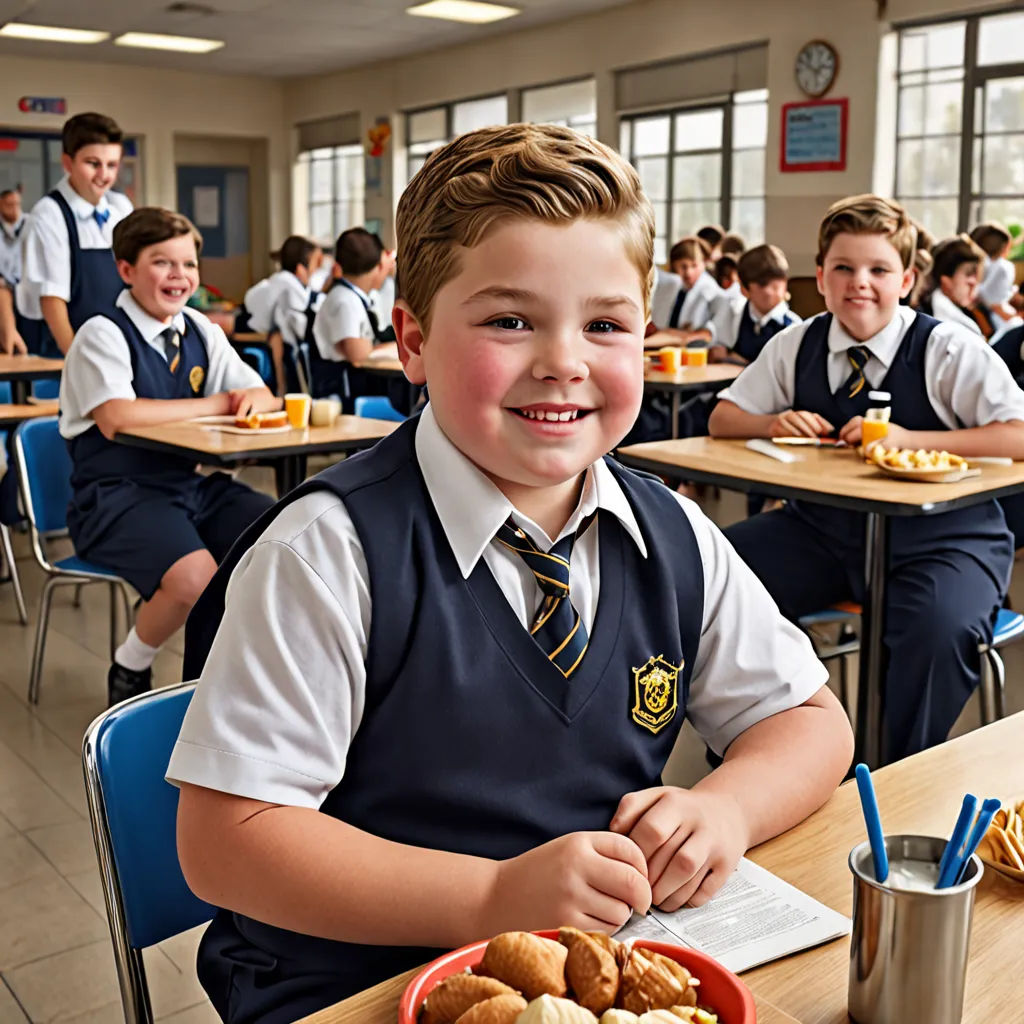 a boy sitting at a table with a plate of food in front of him and other children in the background, vancouver school, a stock photo, Ed Benedict, promotional image