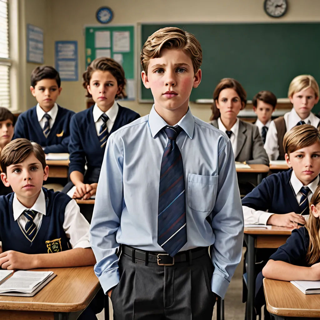 a boy in a tie standing in front of a classroom full of students in uniform and looking at the camera, barbizon school, a character portrait, Daniel Lieske, promotional image