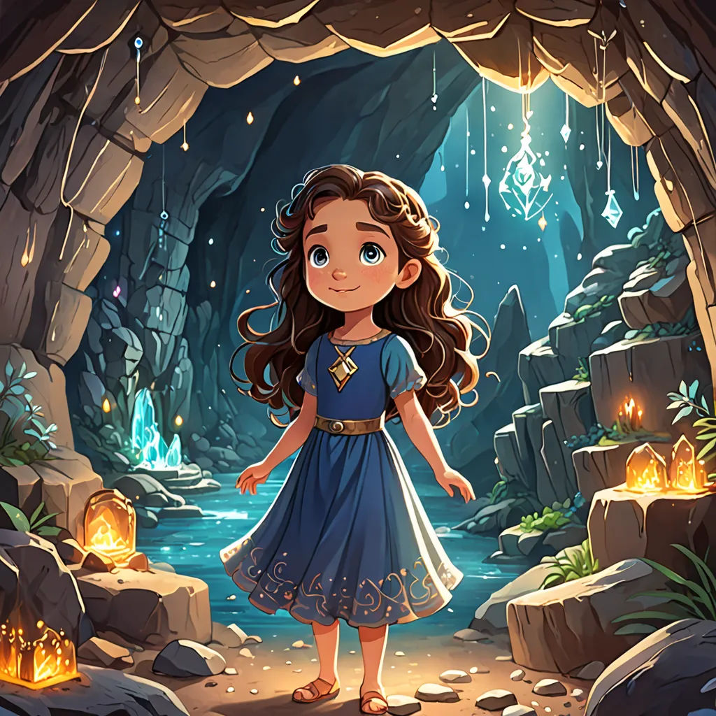 a girl in a blue dress standing in a cave with a stream of water and glowing lights behind her, fantasy art, a storybook illustration, Cliff Childs, official art