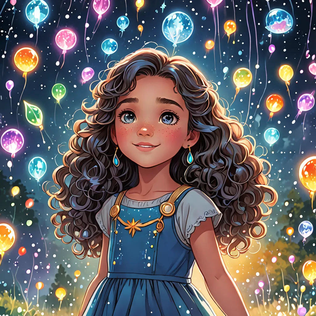 a girl in a blue dress standing in front of a field of balloons with stars and bubbles floating in the sky, fantasy art, a storybook illustration, Elina Karimova, trending on art station