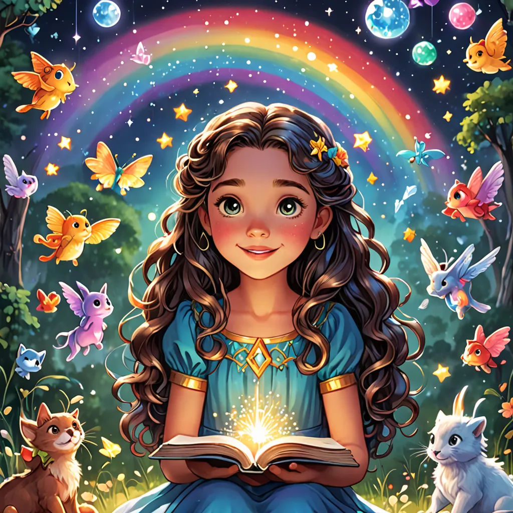 a girl sitting on the ground with a book in her hands and a rainbow in the background with animals around her, fantasy art, a storybook illustration, Anne Stokes, storybook illustration