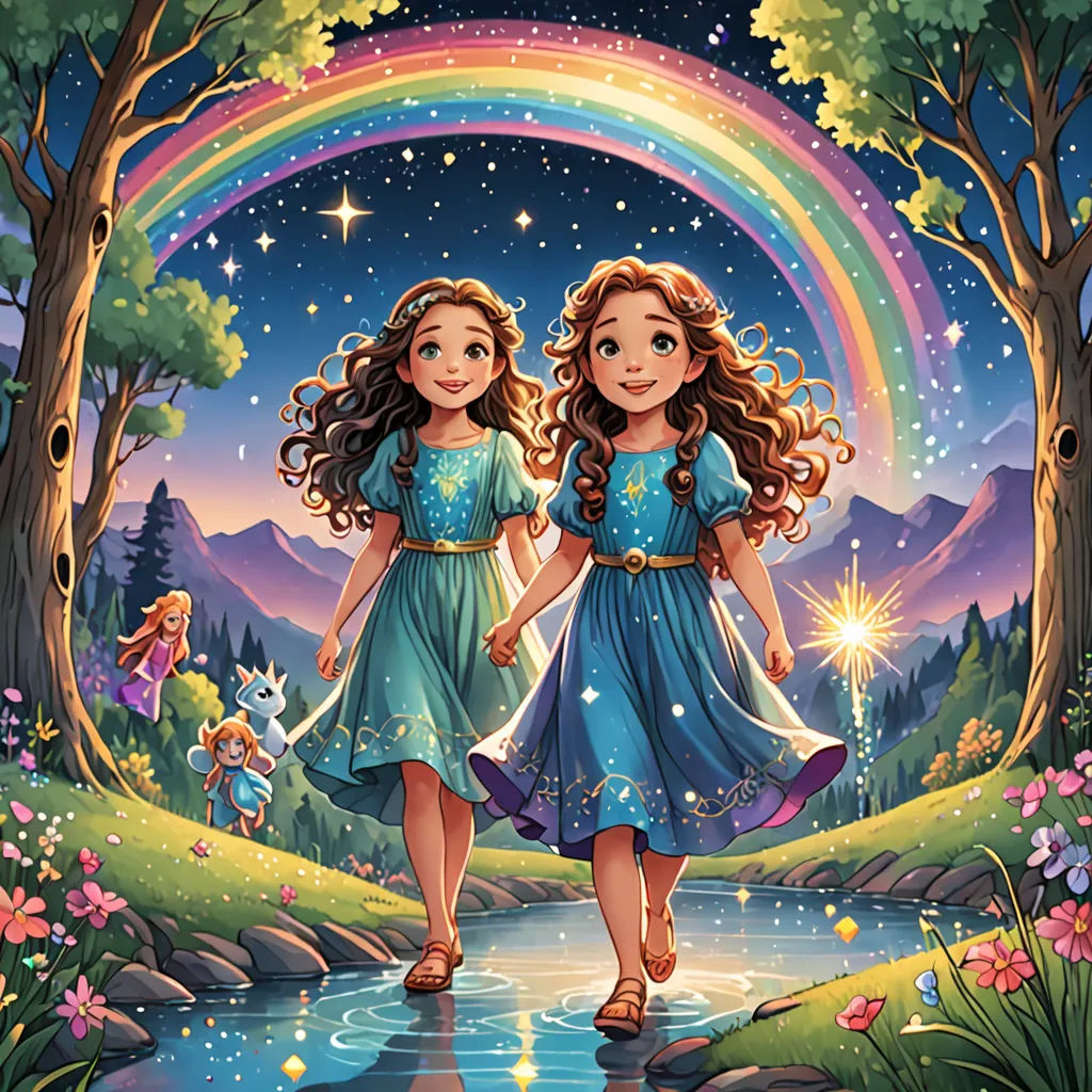 two girls walking in the woods with a rainbow in the background and a stream running through the woods, with a rainbow in the background, naive art, a storybook illustration, Anne Stokes, rossdraws global illumination