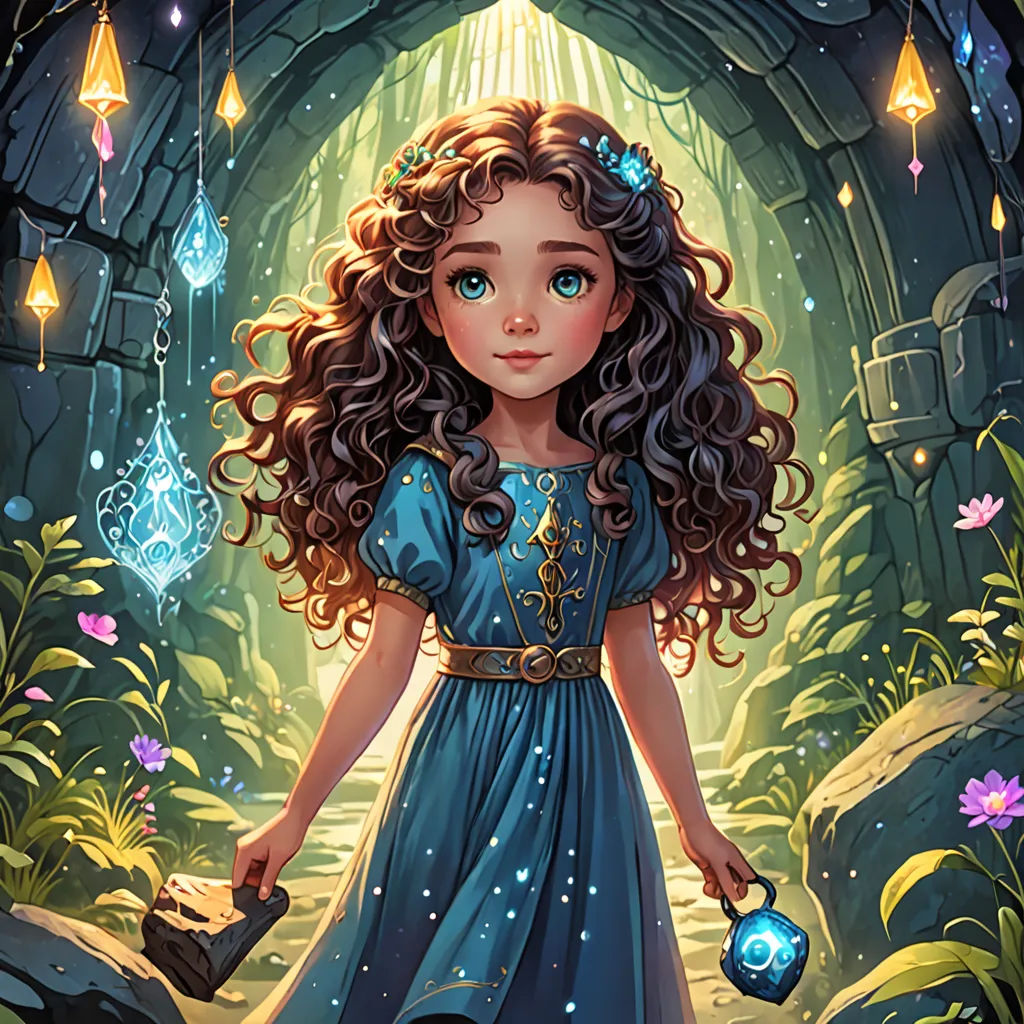 a girl in a blue dress holding a blue ball in a cave with a light shining on her head, fantasy art, a storybook illustration, Anne Stokes, fantasy illustration