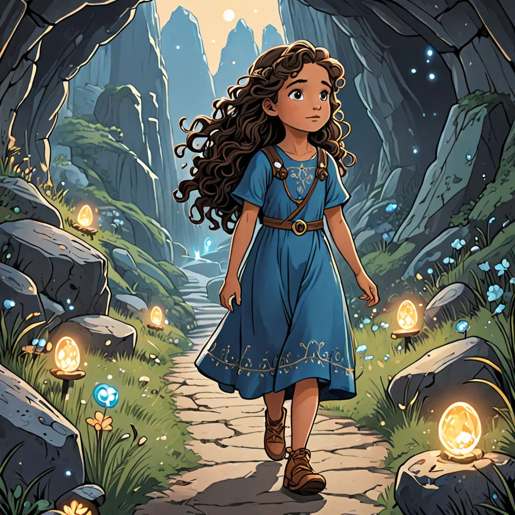 a girl in a blue dress walking through a cave with a light in her hand and a lantern in her hand, fantasy art, a storybook illustration, Cliff Childs, comic cover art