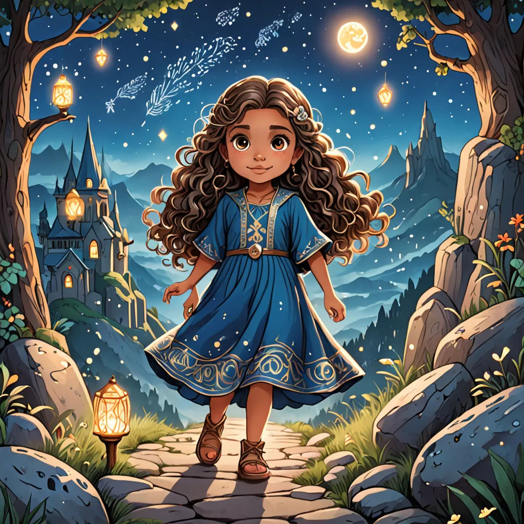 a little girl in a blue dress is walking through a forest with a lantern in her hand and a castle in the background, fantasy art, a storybook illustration, Cliff Childs, comic cover art