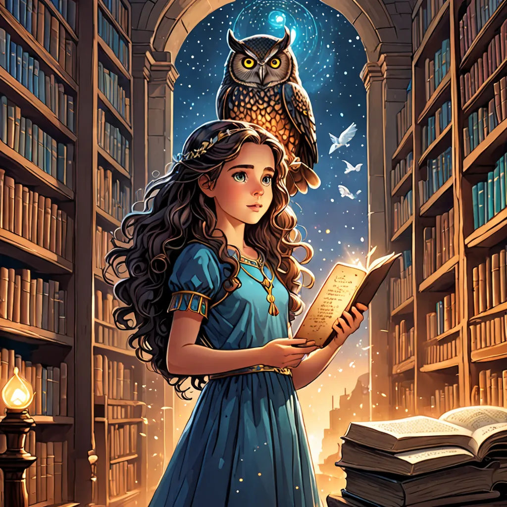 a girl in a blue dress is holding a book and an owl is sitting on her head in a library, fantasy art, a storybook illustration, Colin Middleton, storybook illustration