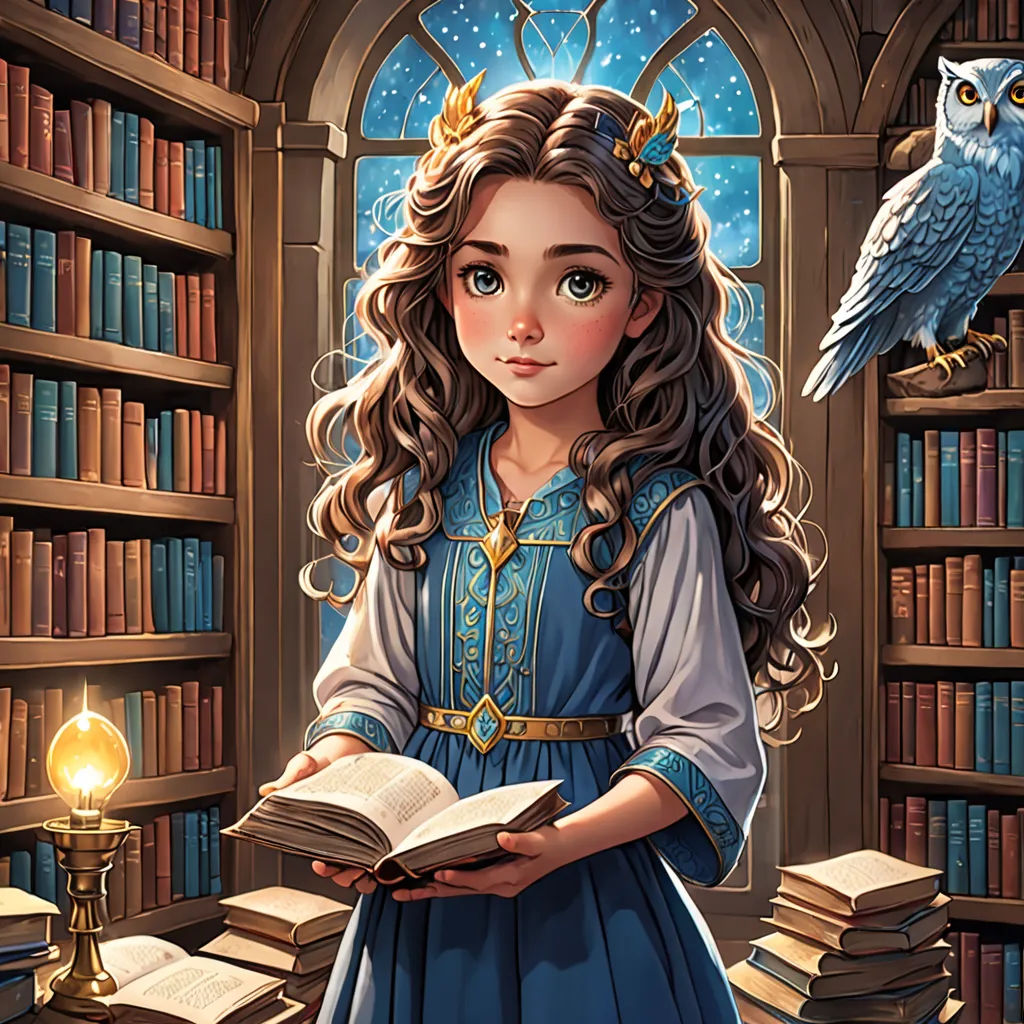 a girl in a blue dress holding a book in front of a window with an owl on it and a bookcase full of books, fantasy art, a storybook illustration, Anna Dittmann, storybook illustration