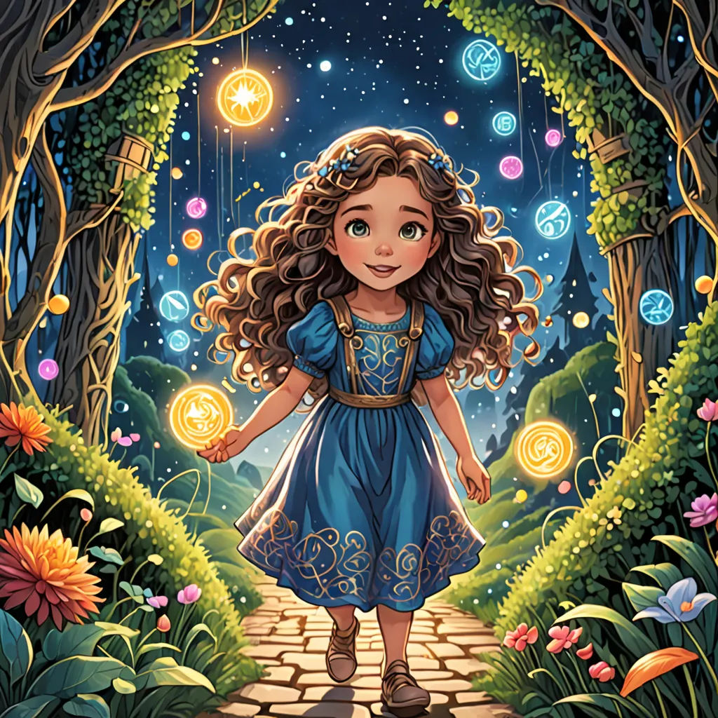 a girl in a blue dress is walking through a forest with a light bulb in her hand and a fairy tale in the background, fantasy art, a storybook illustration, Alice Prin, rossdraws global illumination