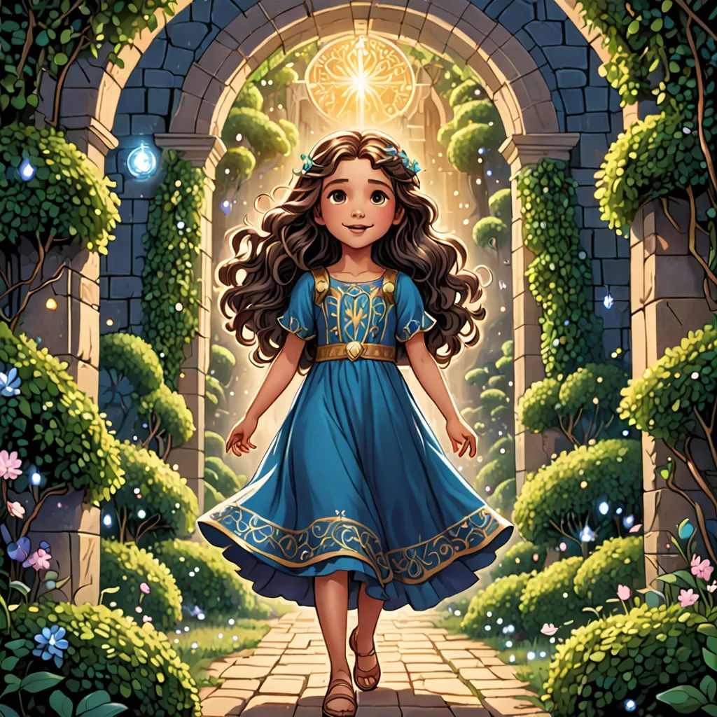 a girl in a blue dress walking through a tunnel with a light shining on her head and a star above her head, fantasy art, a storybook illustration, Cliff Childs, kinkade