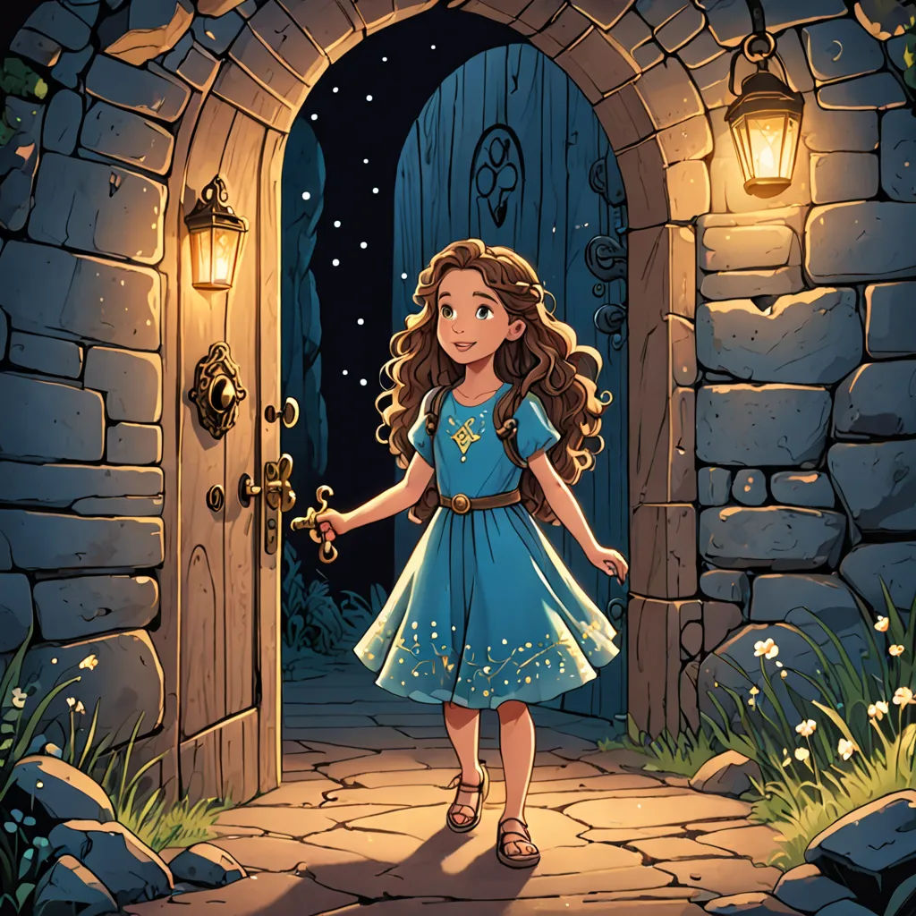 a girl in a blue dress is standing in front of a doorway with a light on it and a lantern, fantasy art, a storybook illustration, Cliff Childs, storybook illustration