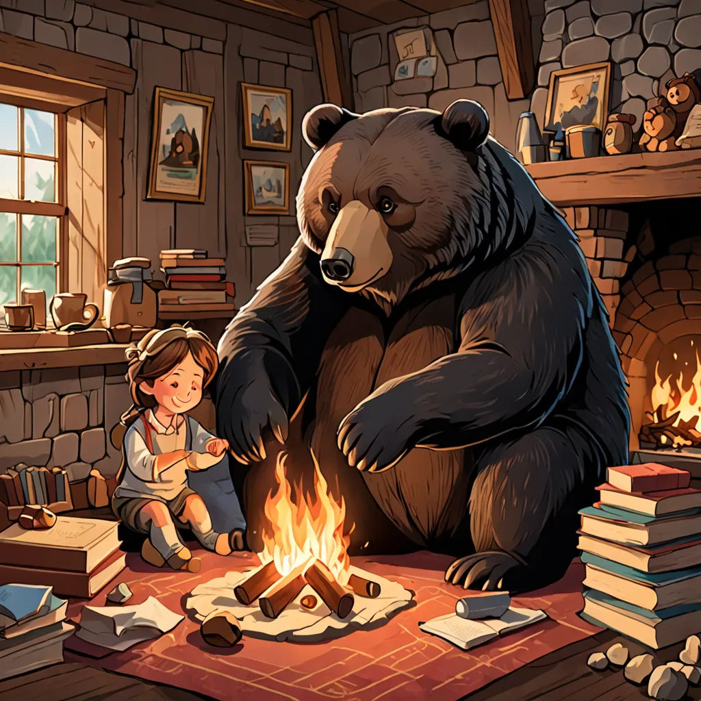 a girl sitting in front of a bear next to a fire in a room with books on the floor, furry art, a storybook illustration, Brom, storybook illustration