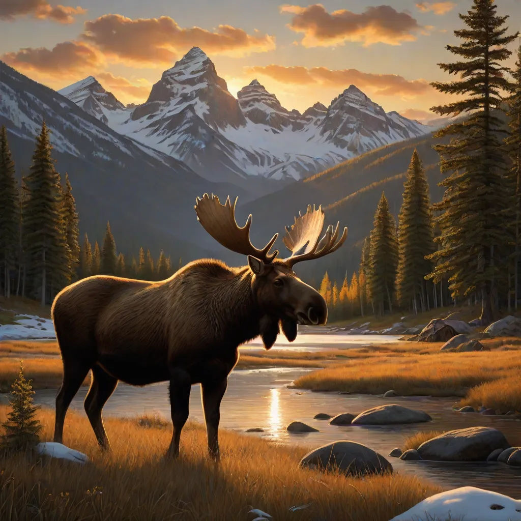 a moose standing in a field next to a river and mountains at sunset with a sunset sky and clouds, Chris LaBrooy, american scene painting, an airbrush painting, photoreal