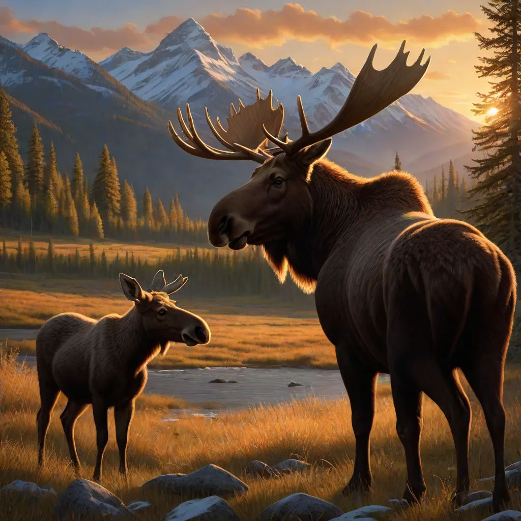a moose and a deer are standing in a field with mountains in the background and a sunset in the sky, Brothers Hildebrandt, american scene painting, an airbrush painting, official art