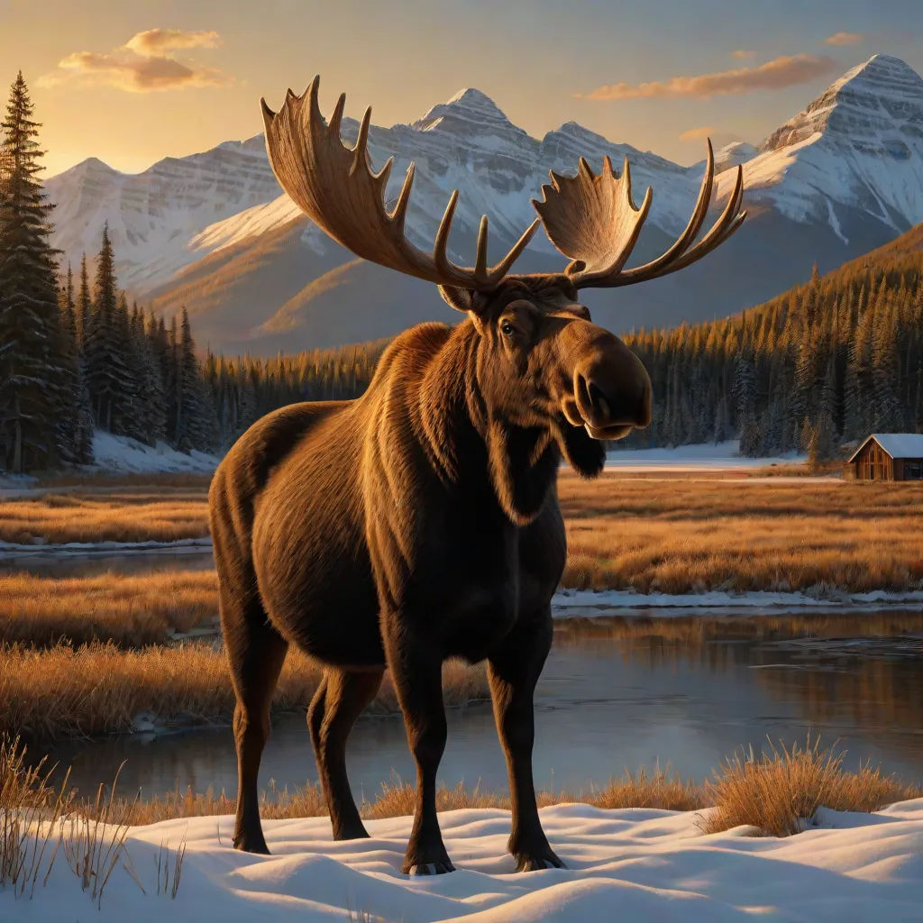 a moose standing in the snow with mountains in the background and a lake in the foreground with a house in the foreground, Chris LaBrooy, american scene painting, a photorealistic painting, photoreal