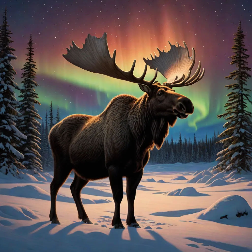 a moose standing in the snow with a aurora bore in the background and a forest filled with snow covered trees, Dan Mumford, american scene painting, an airbrush painting, rossdraws global illumination