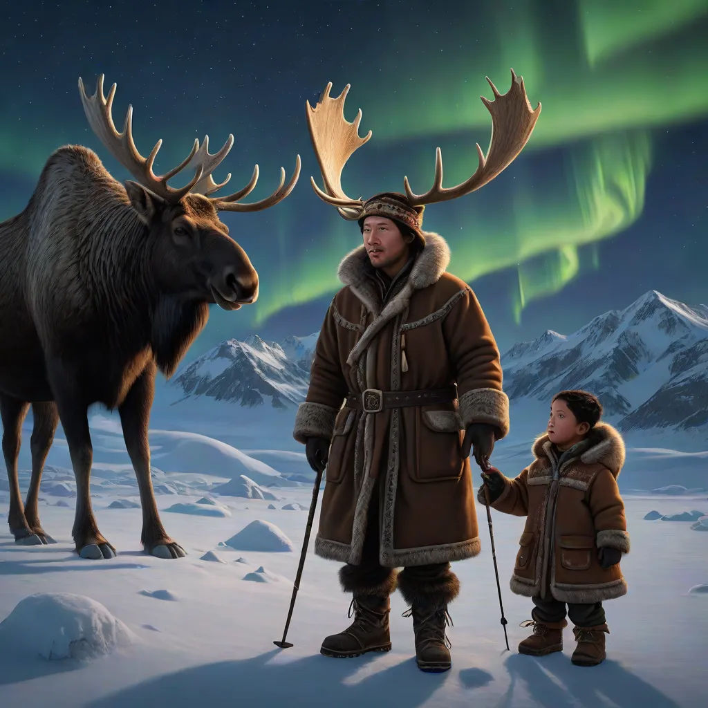a man and a boy standing in the snow with a moose and a green aurora light in the background, Cliff Childs, primitivism, a detailed matte painting, promotional image