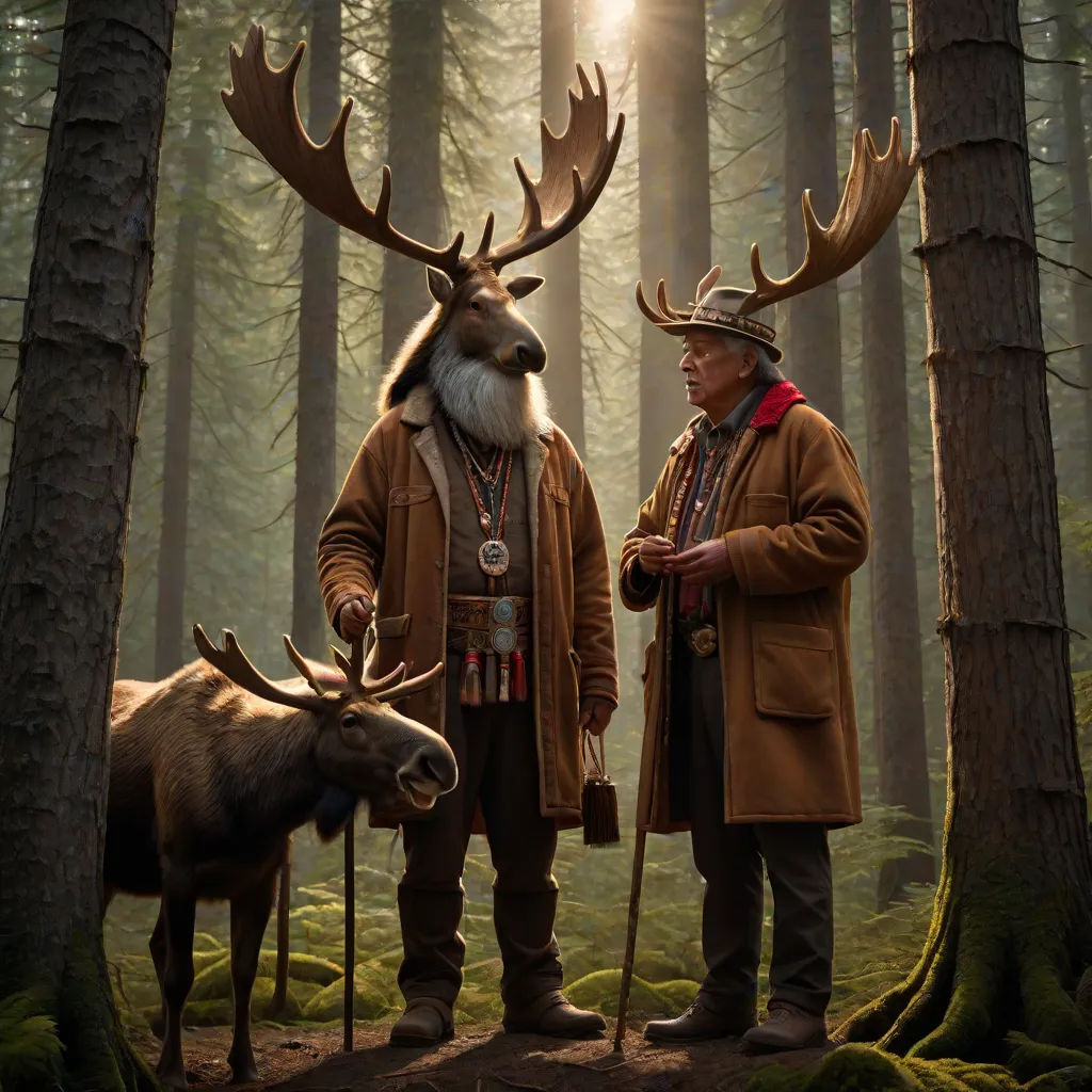 two men standing in the woods with large antlers on their heads and a deer in the foreground, Chris LaBrooy, primitivism, a storybook illustration, promotional image