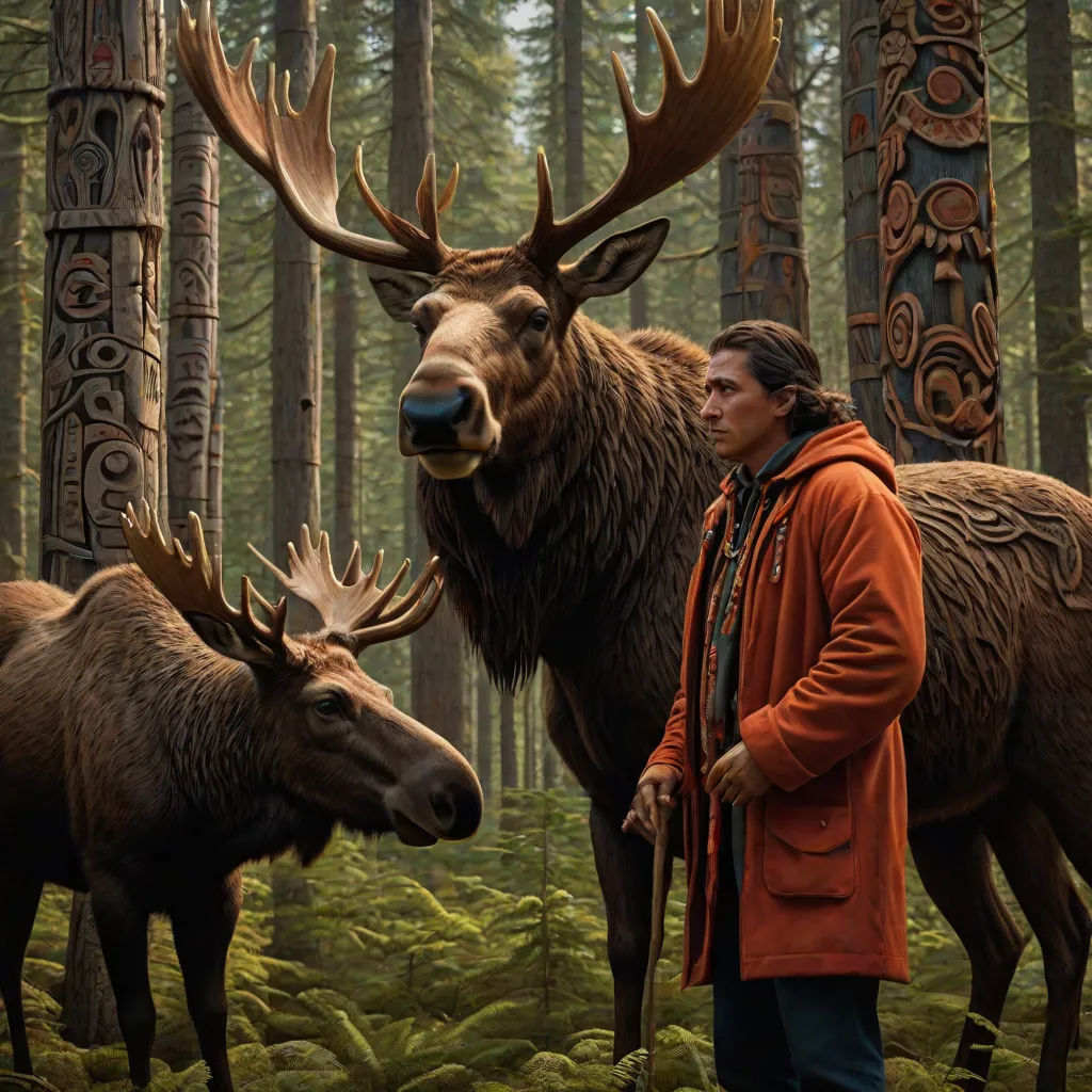 a man standing next to a moose in a forest with other animals in the background and a totem, Douglas Robertson Bisset, neo-primitivism, a detailed matte painting, promotional image