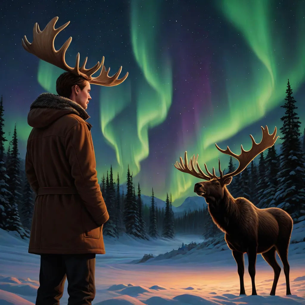 a man standing next to a reindeer in the snow under a green and purple aurora bore above him and a man in a brown jacket, Dan Mumford, fantasy art, a storybook illustration, josan gonzales and dan mumford