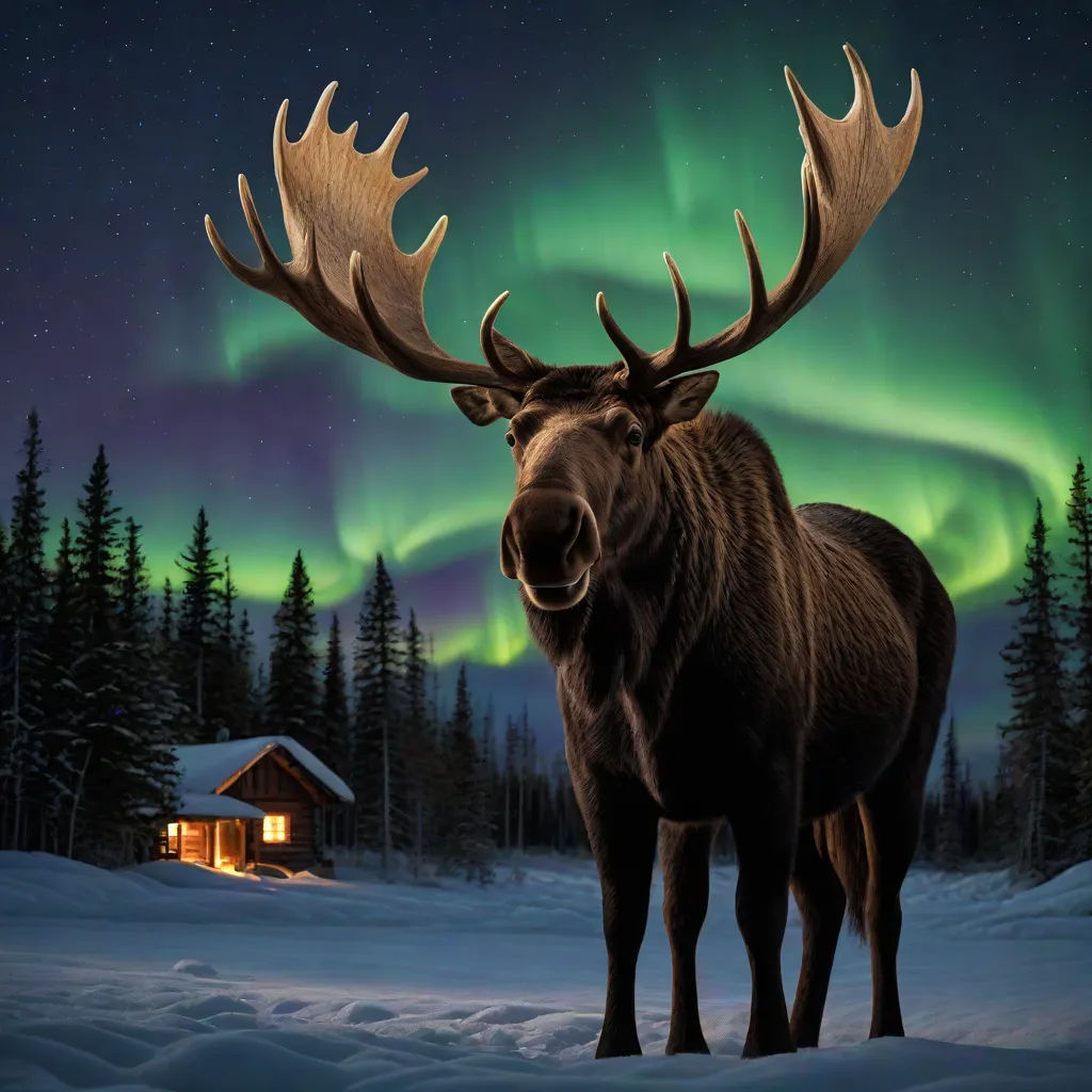 a moose standing in the snow with a cabin in the background with the aurora lights in the sky above, Colin Moss, magic realism, a storybook illustration, award-winning photograph