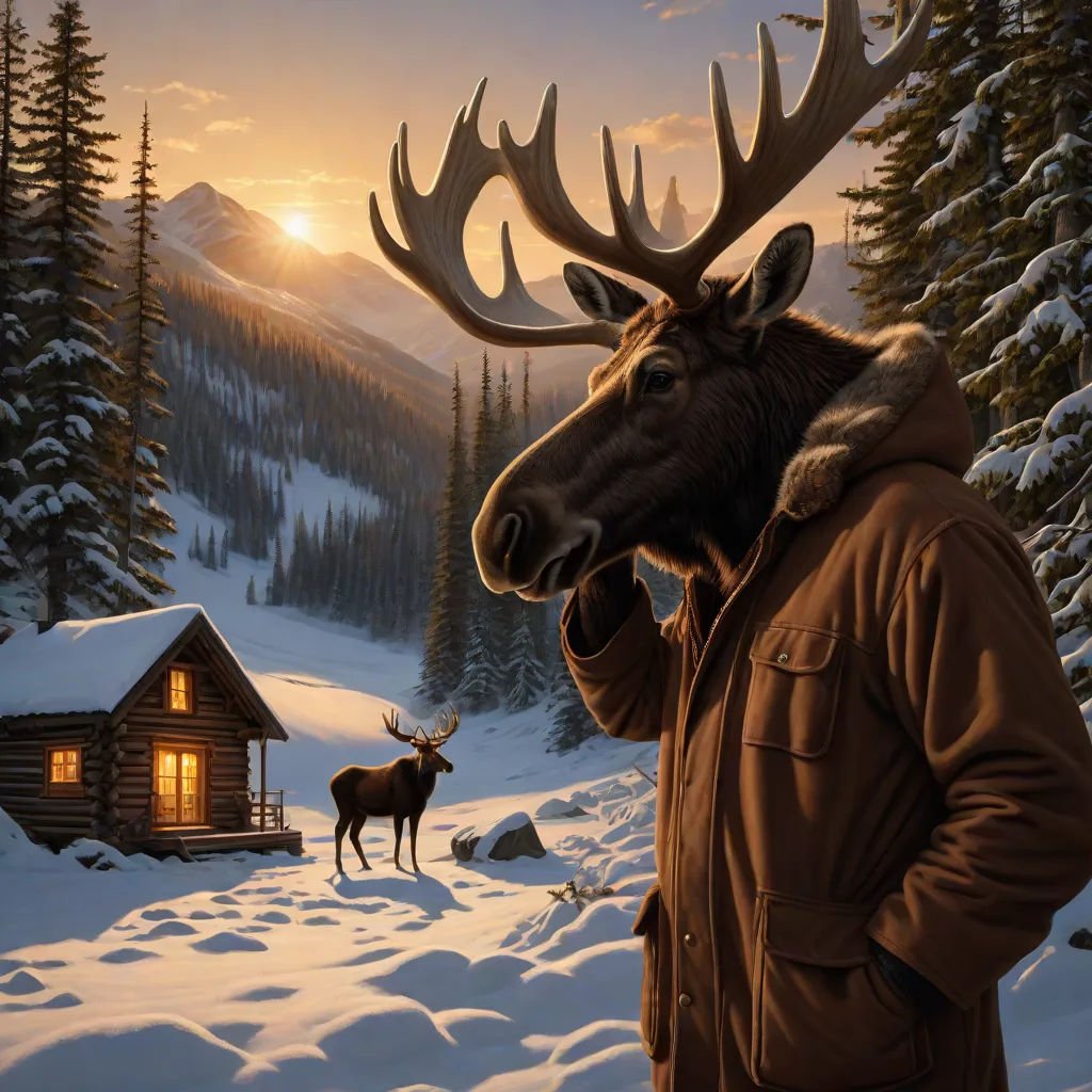 a man standing in front of a cabin with a moose on his shoulder and a cabin in the background, Chris LaBrooy, fantastic realism, a photorealistic painting, highly detailed digital painting