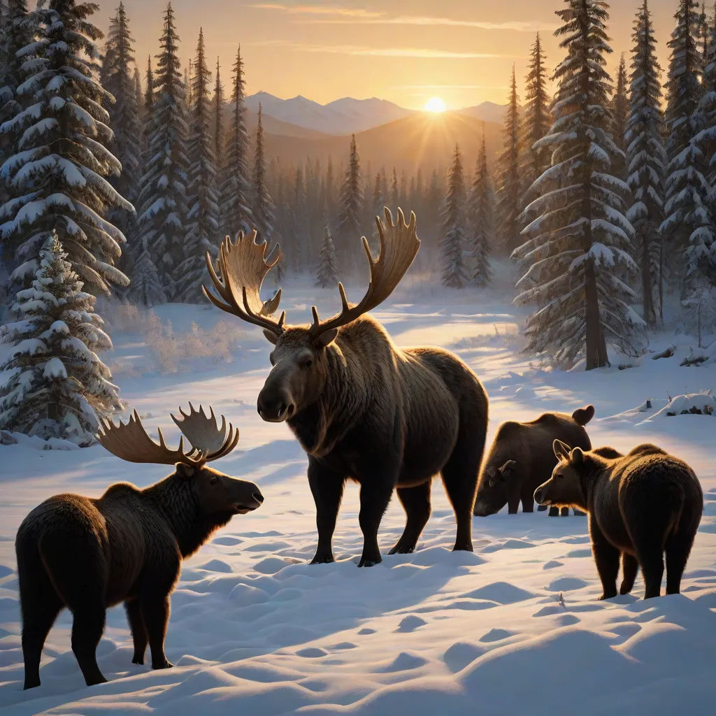a painting of a moose and its cubs in the snow at sunset with the sun setting behind them and trees, Evgeny Lushpin, magic realism, an airbrush painting, photoreal