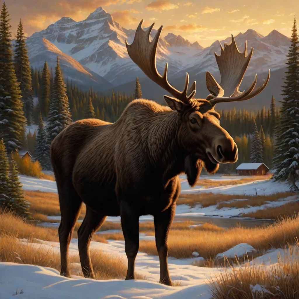 a moose standing in a snowy field with mountains in the background and a cabin in the distance with a sunset, Dan Mumford, american scene painting, an airbrush painting, highly detailed digital painting