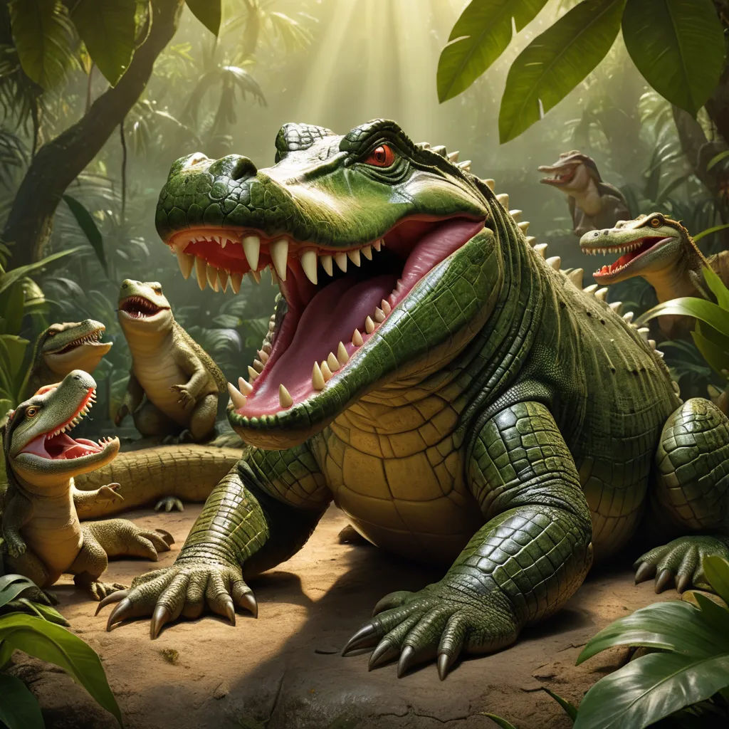 a group of dinosaurs in a jungle setting with sunlight streaming through the trees and leaves on the ground, with a person standing in the foreground, photorealism, an ambient occlusion render, Adam Rex, photoreal