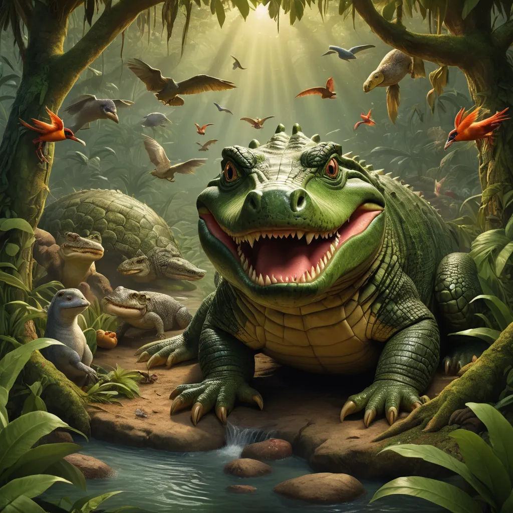 a large alligator with its mouth open sitting in a jungle with birds flying around it and a stream running through it, fantasy art, a digital painting, Chris LaBrooy, highly detailed digital painting
