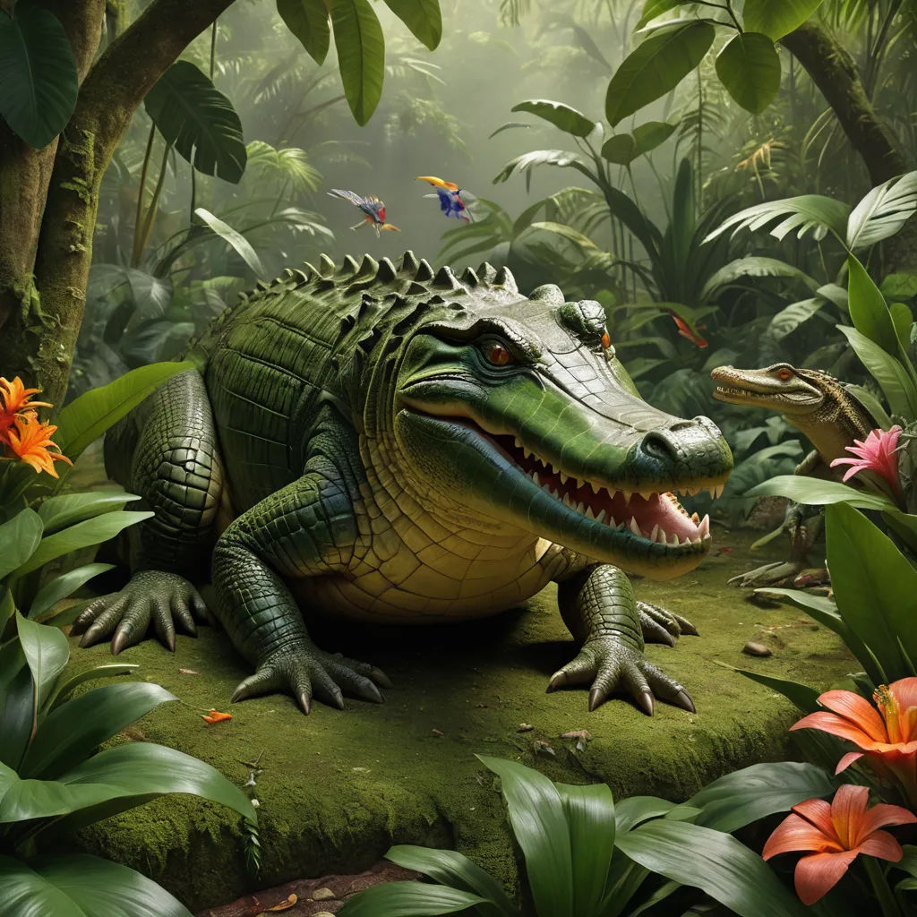 a large alligator sitting on top of a lush green field next to flowers and trees in a jungle setting, photorealism, a photorealistic painting, Chris LaBrooy, photoreal