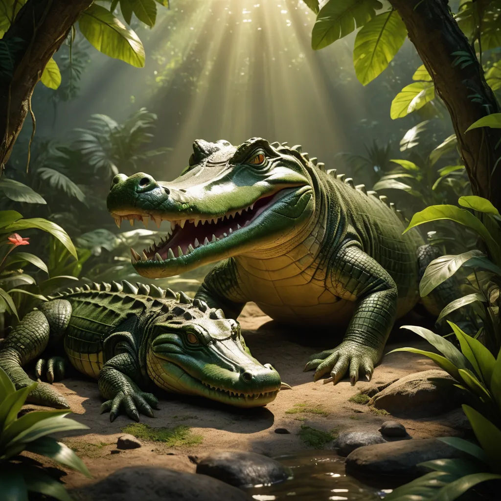 two alligators are sitting in the jungle with sunlight shining through the trees and leaves on the ground and on the ground, photorealism, an ambient occlusion render, Chris LaBrooy, photoreal