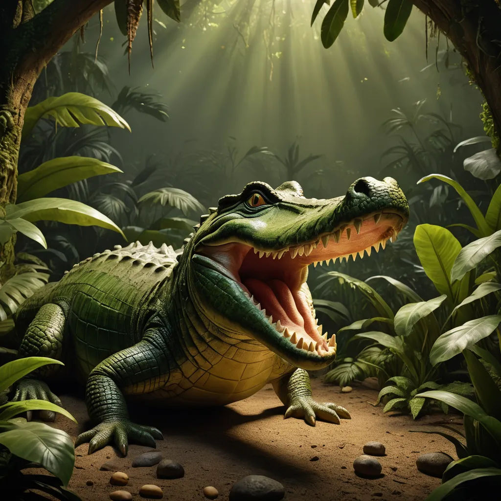 a large alligator is in a jungle setting with sunlight streaming through the trees and leaves on the ground and on the ground, photorealism, a 3D render, Chris LaBrooy, highly detailed digital painting