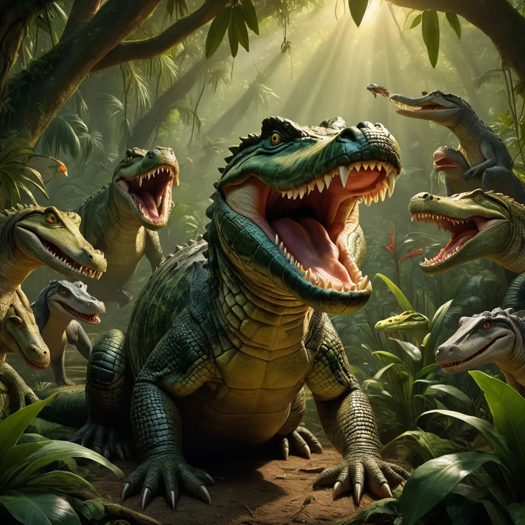 a group of dinosaurs in a jungle with sunlight streaming through the trees and leaves on the ground, with their mouths open, sots art, concept art, Adam Rex, rossdraws global illumination