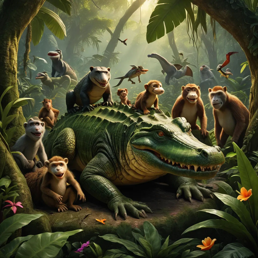 a group of animals that are in the jungle together on a large alligator in the middle of the jungle, photorealism, a detailed matte painting, Chris LaBrooy, highly detailed digital painting