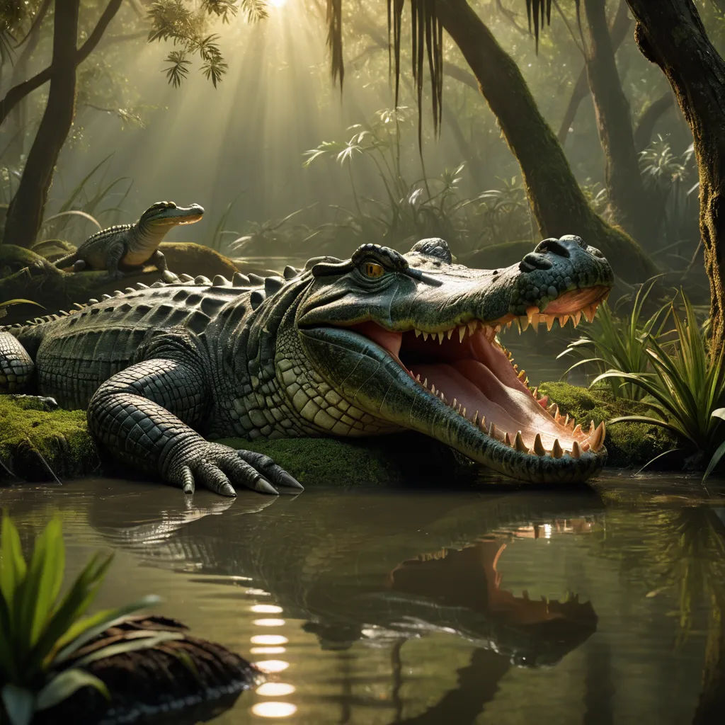 a large alligator laying on top of a body of water next to a forest filled with trees and grass, photorealism, a detailed matte painting, Chris LaBrooy, photoreal