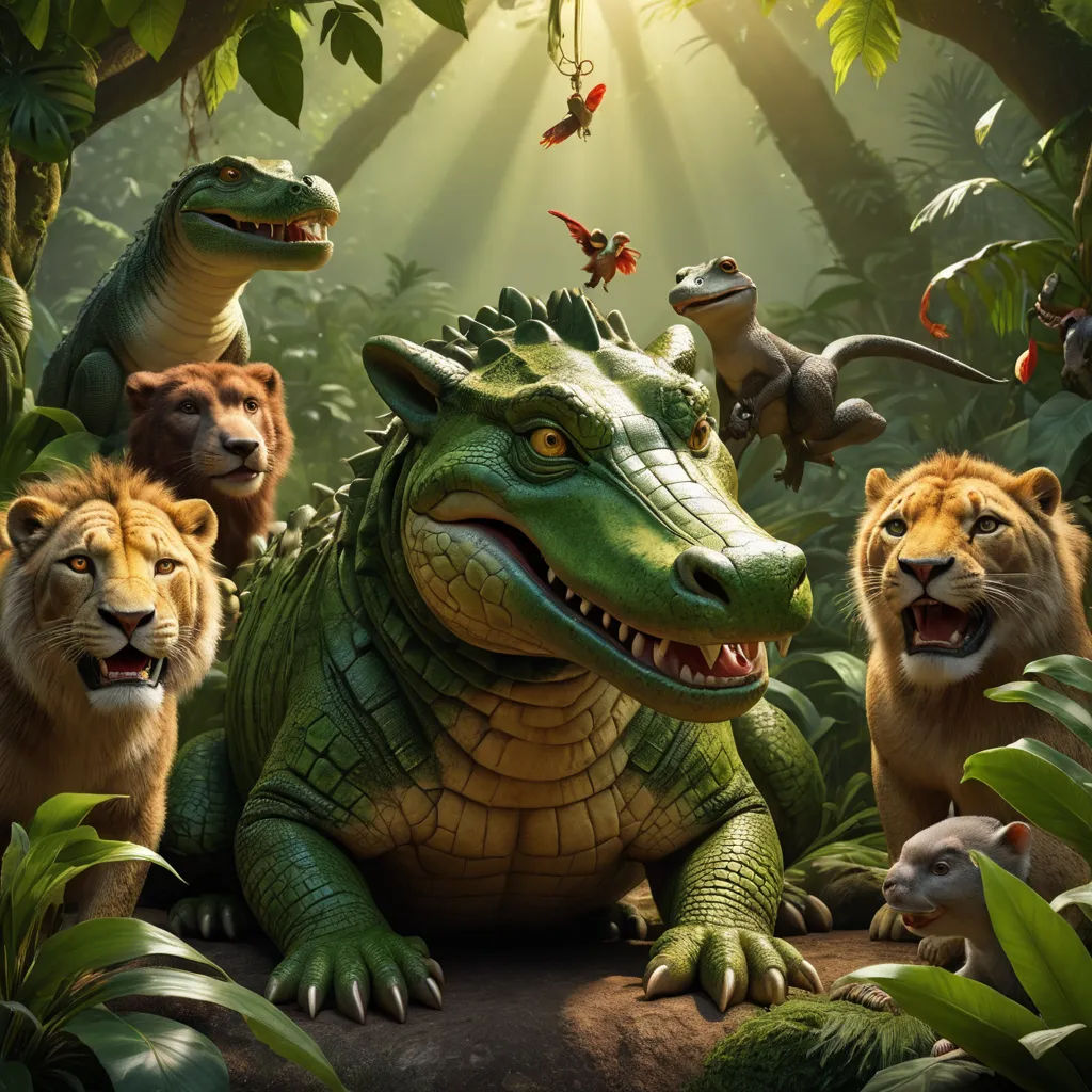 a group of animals that are in the jungle together with a sunbeam in the background and a bird flying over them, sots art, a 3D render, Chris LaBrooy, photoreal