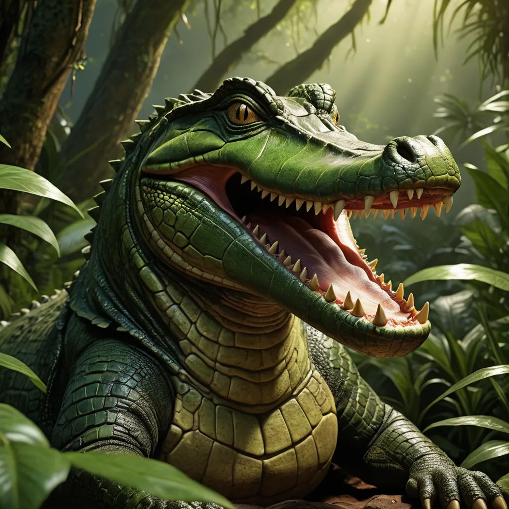 a large alligator with its mouth open in the jungle with trees and plants in the background and sunlight streaming through the leaves, photorealism, a 3D render, Chris LaBrooy, weta digital
