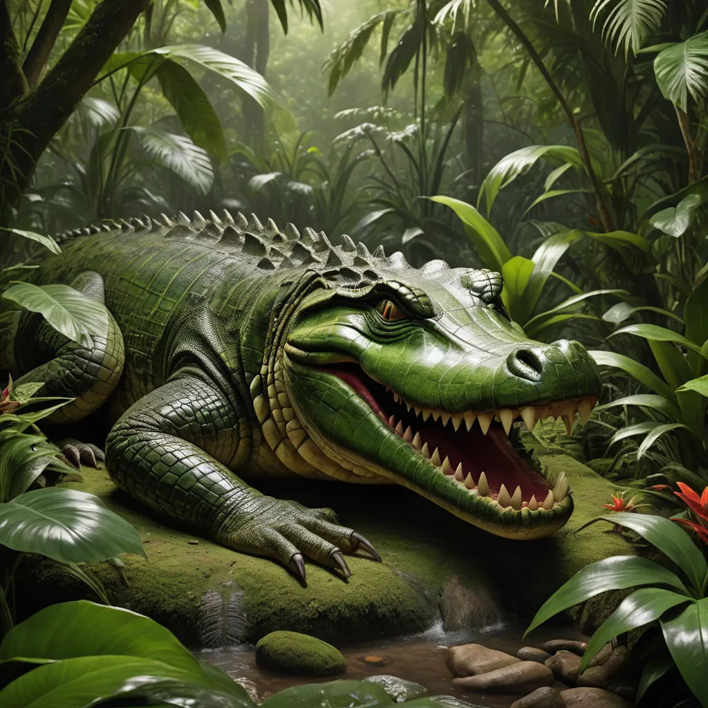 a fake alligator is in the middle of a jungle with plants and rocks and water flowing through it's mouth, photorealism, a photorealistic painting, Chris LaBrooy, photoreal