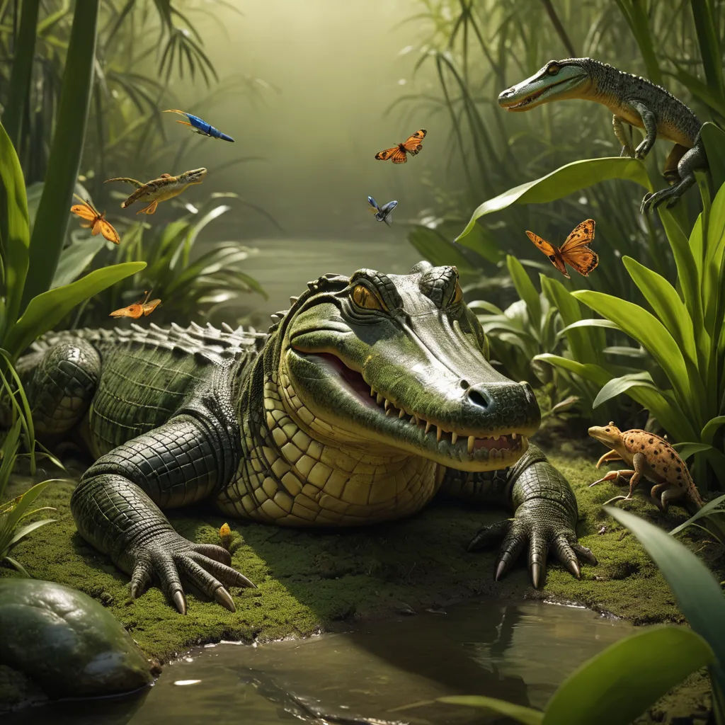 a crocodile is laying on the ground in the grass with butterflies flying around it and a pond of water, photorealism, a photorealistic painting, Chris LaBrooy, photoreal