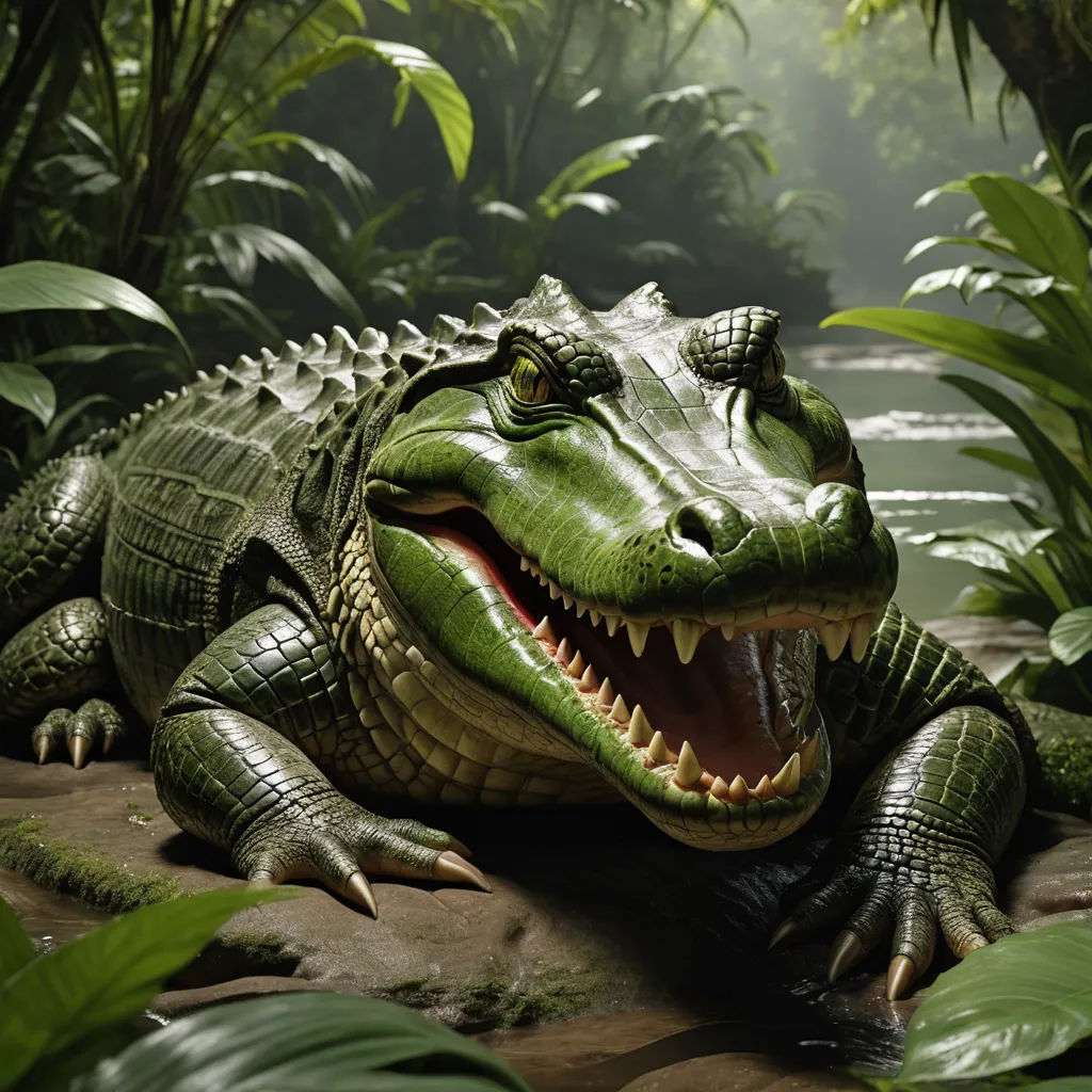 a fake alligator is laying on a rock in the jungle with its mouth open and teeth wide open, with a river in the background, photorealism, a 3D render, Chris LaBrooy, photoreal