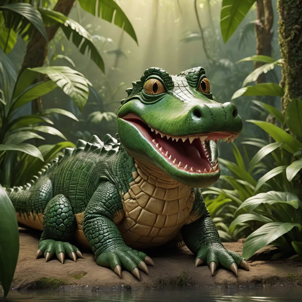 a green alligator with its mouth open sitting on a rock in a jungle setting with water and plants around it, photorealism, a 3D render, Chris LaBrooy, photoreal