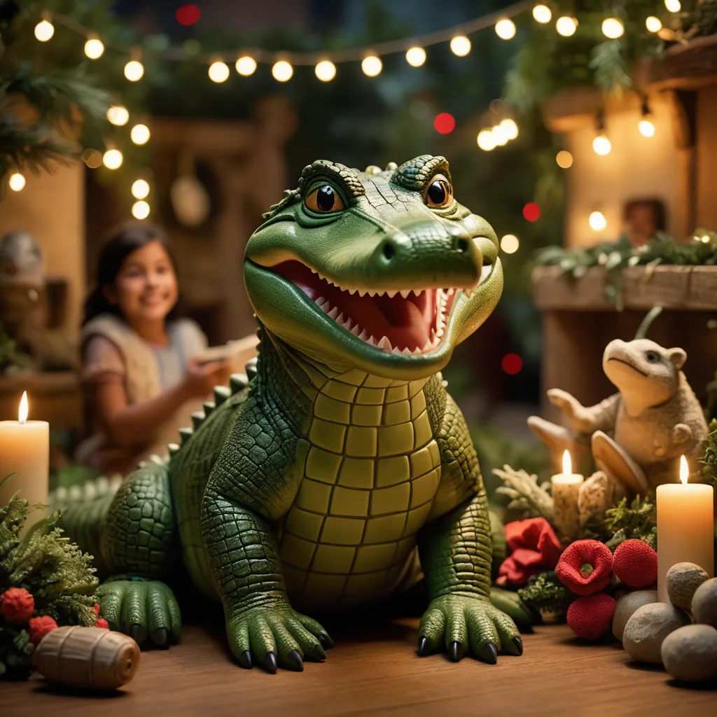 a toy alligator sitting on a table with a woman in the background and a christmas tree in the background, photorealism, a 3D render, Adam Rex, promotional image