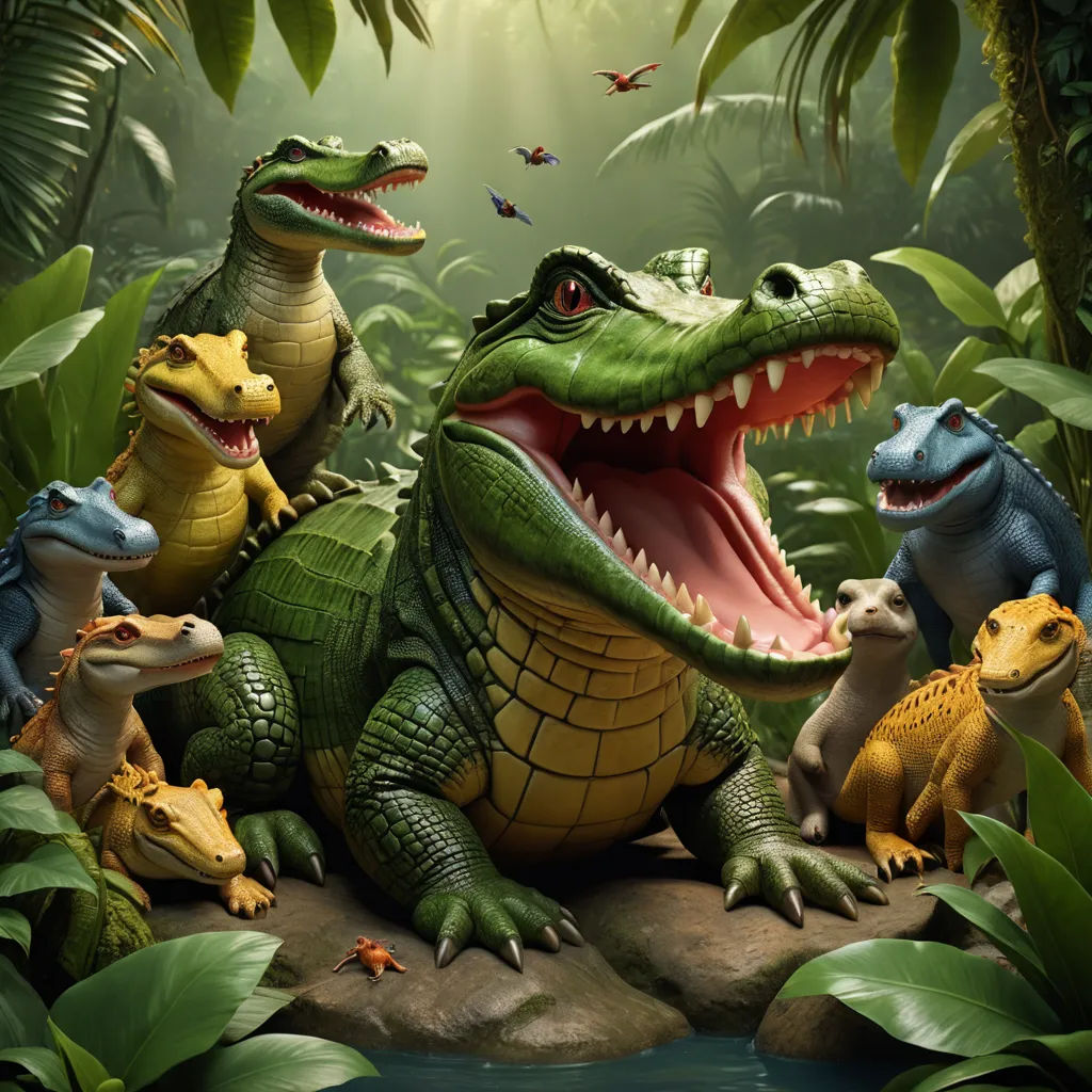 a group of dinosaurs sitting on top of a rock in a jungle setting with a river running through it, photorealism, a 3D render, Chris LaBrooy, photoreal